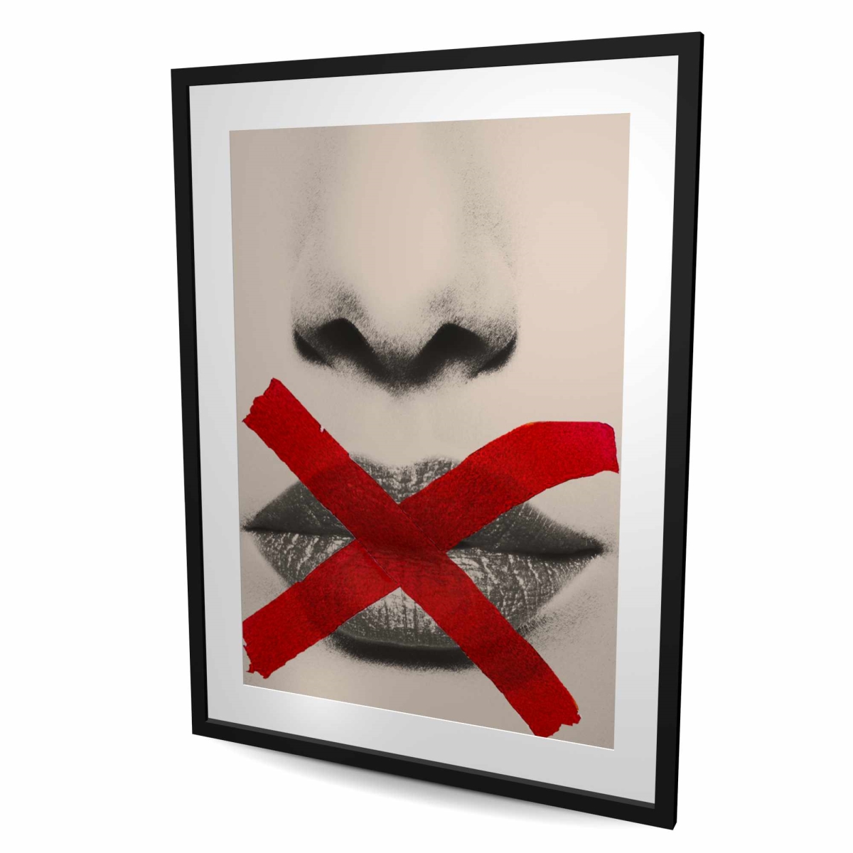 C1FM364862SVNC 36 x 48 in. Grayscale Lips with Red X - Figurative Beauty Framed Print