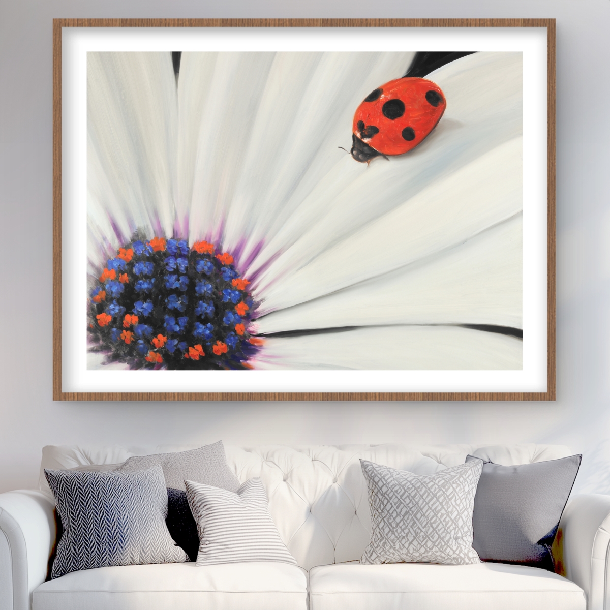 C1FM36482663X3 36 x 48 in. White Daisy & Ladybug - Romantic Red Framed Print Decor