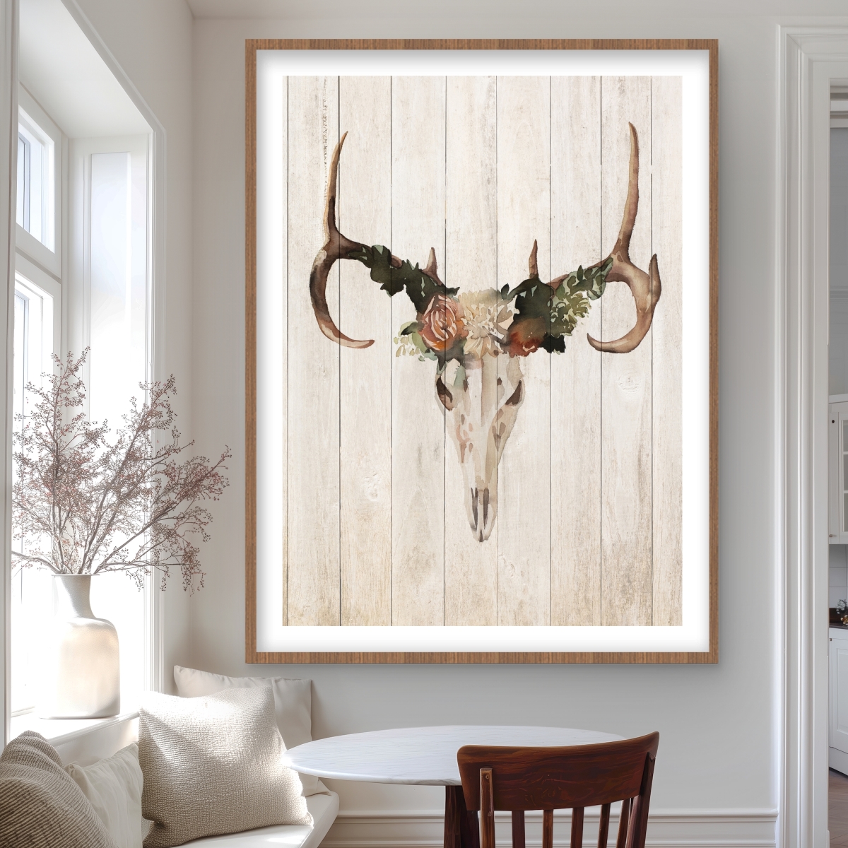 C1FM3648P0CE00 36 x 48 in. Mule Deer Skull with Roses - Rustic Framed Print for Decor