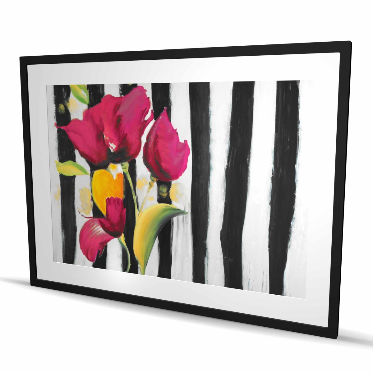 C1FM3648SRIVRE 36 x 48 in. Pink Flowers on Black Stripes - Floral Framed Print Decor