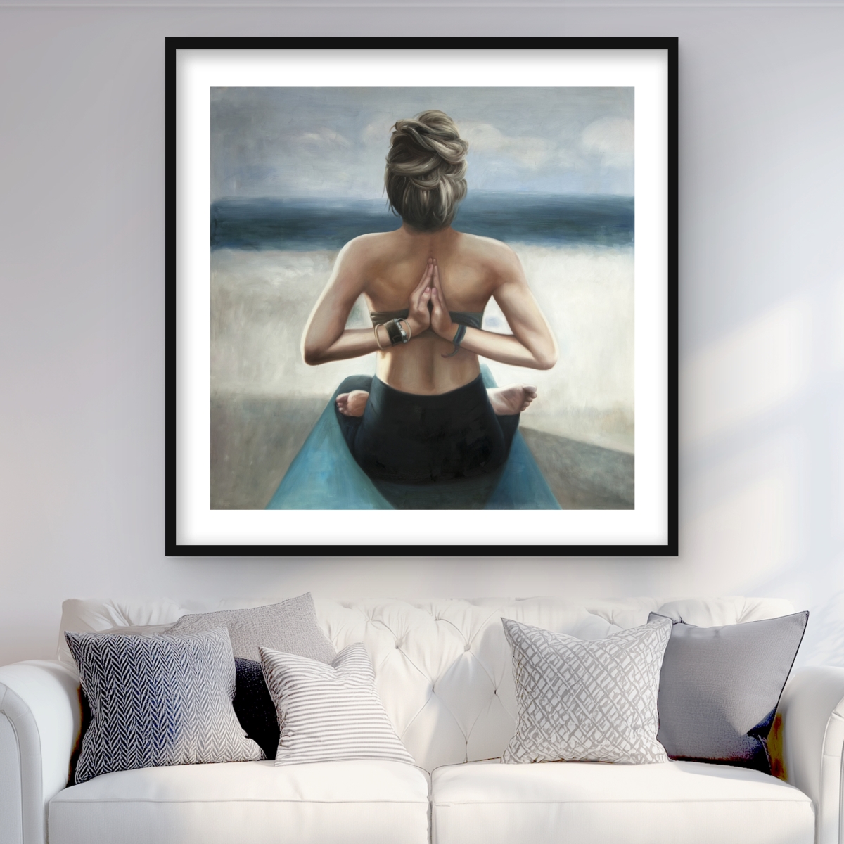 C1FM3636QMGU67 36 x 36 in. Reverse Prayer Pose - Beige Clothes Framed Matted Print