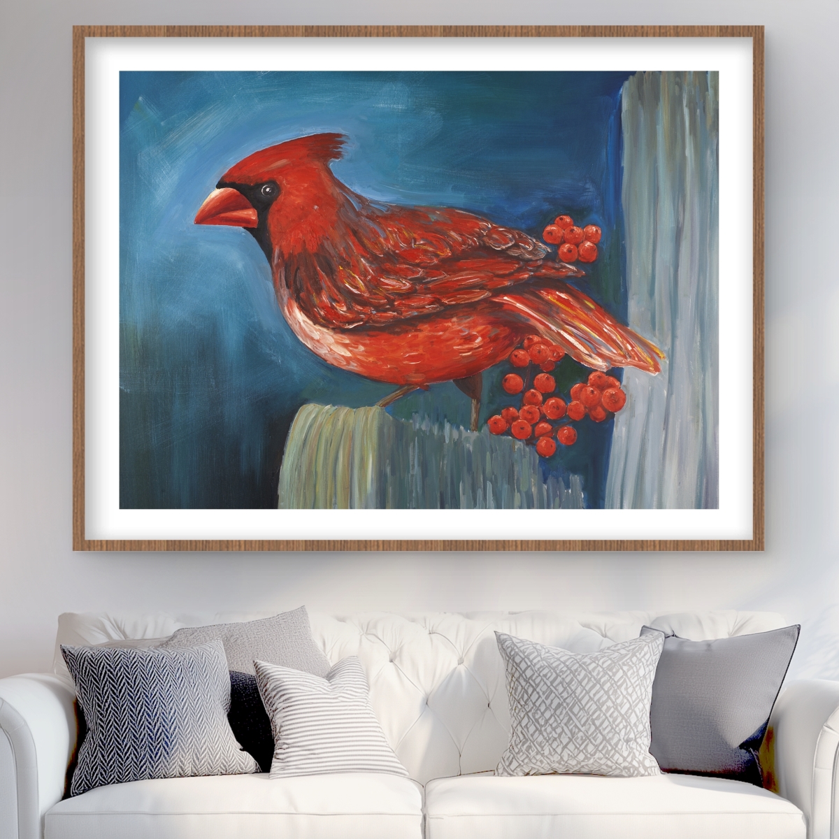 C1FM3648B68WPB 36 x 48 in. Redbreast Bird on A Branch - Framed Matted Print for Decor