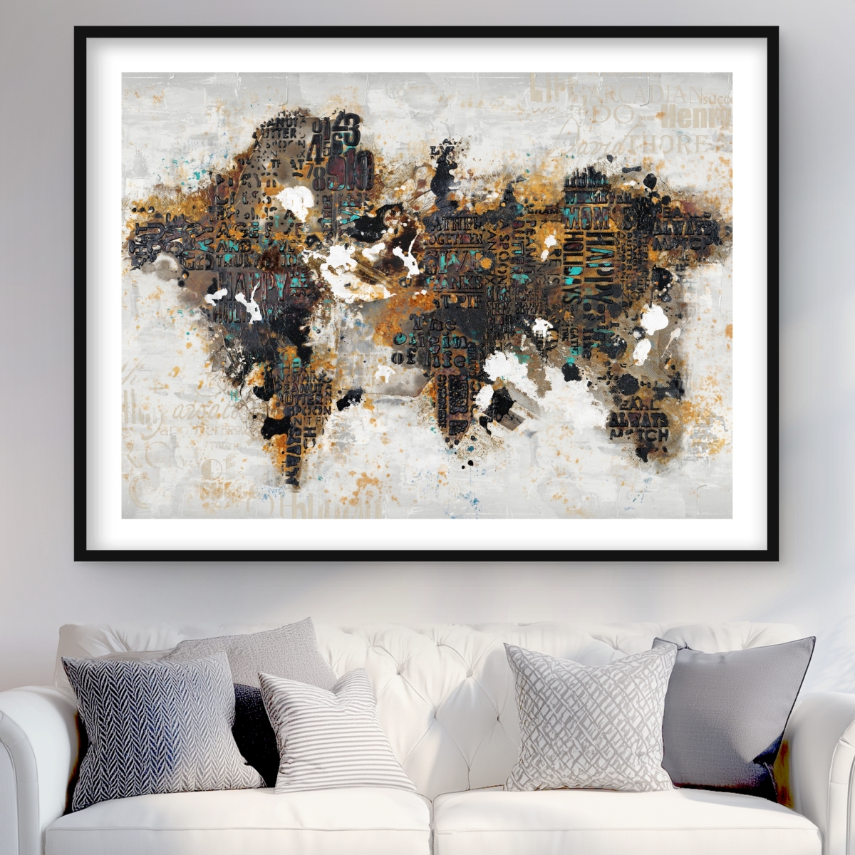 C1FM3648APLHKV 36 x 48 in. Abstract World Map with Typography - Modern Framed Print