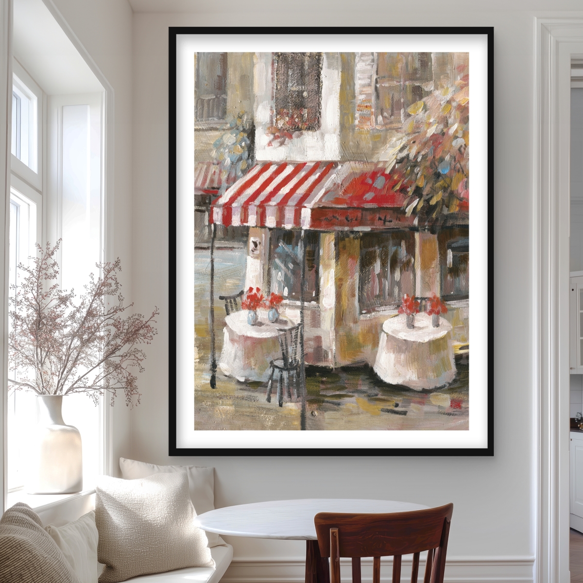C1FM36482KETYH 36 x 48 in. Sunny Restaurant Terrace - Red Object Framed Matted Print
