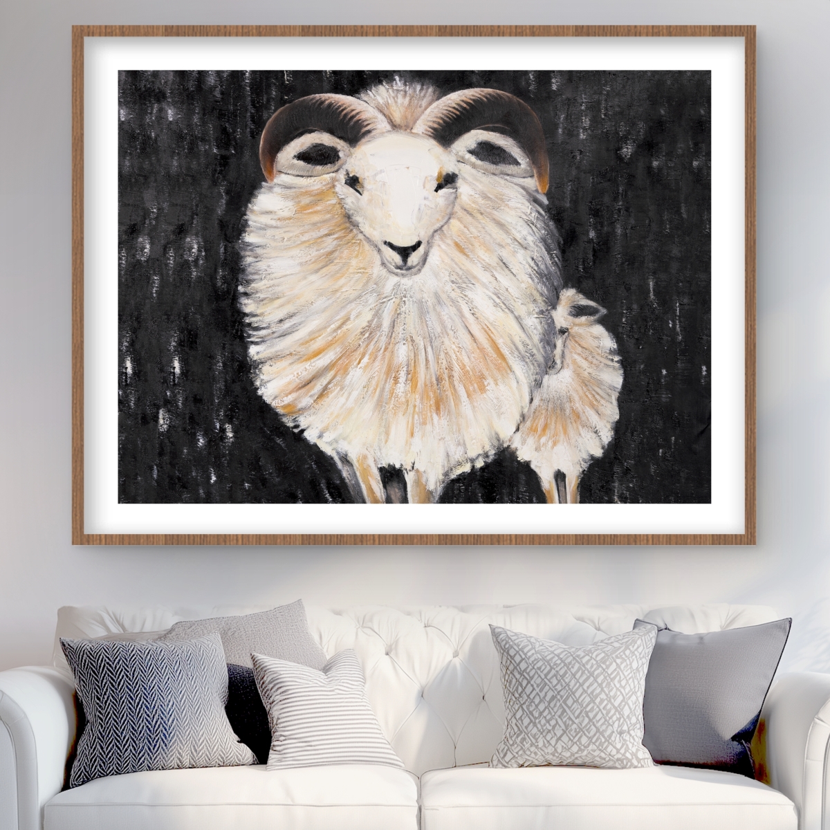 C1FM36482NTB2O 36 x 48 in. Two Bushy Ram - Black Western Framed Matted Print for Decor