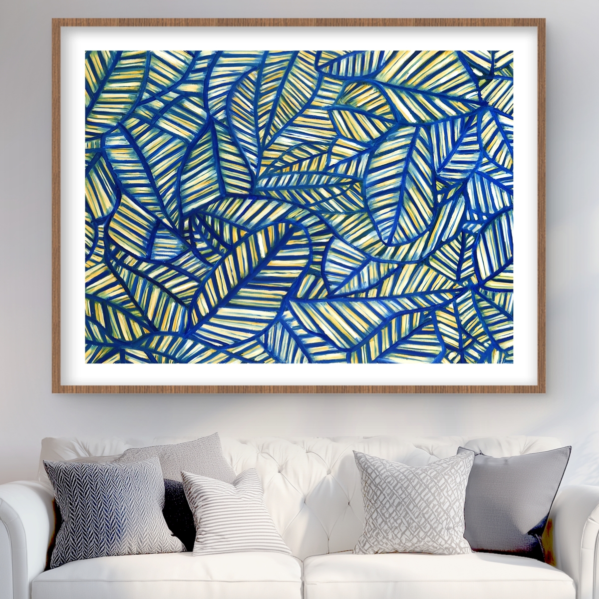 C1FM3648D402XP 36 x 48 in. Blue Leaf Patterns - Beige Floral Botanical Framed Print