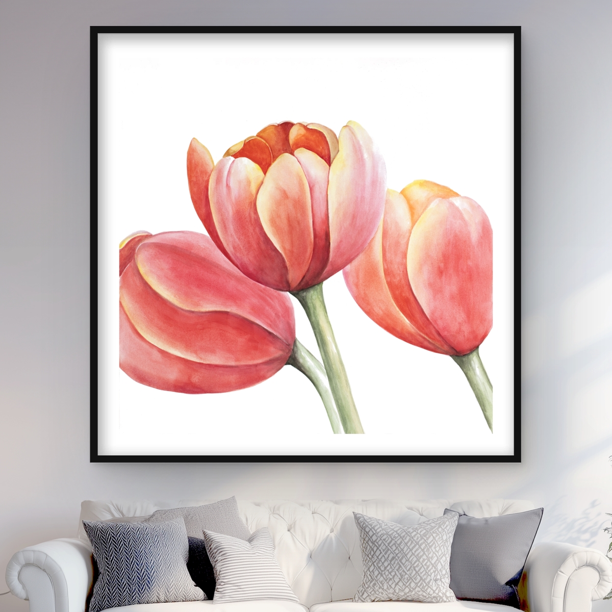 C1FM4848O6F2ZO 48 x 48 in. Three Tulips Closeup - Framed Matted Print for Home Decor