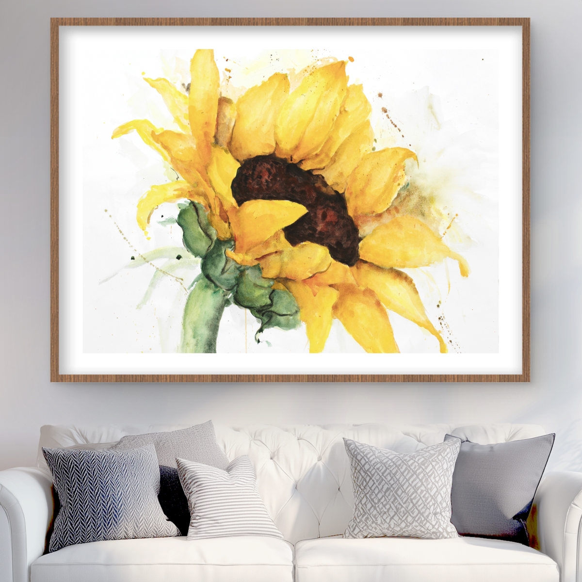 C1FM3648IBUE7E 36 x 48 in. Watercolor Sunflower with Paint Splash - Rustic Yellow Print