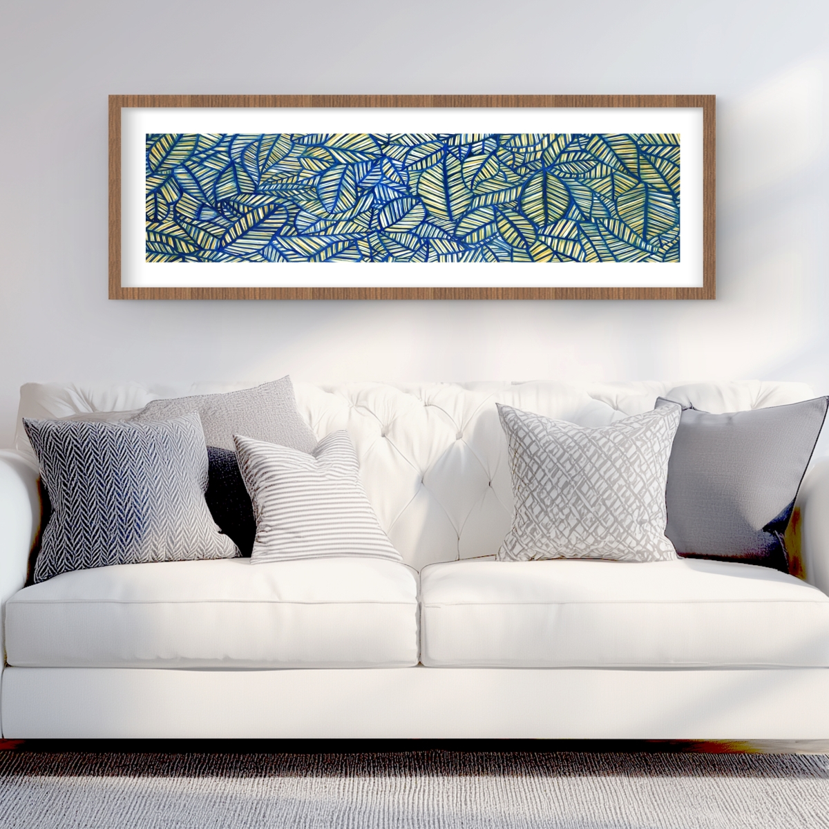 C1FM1648DBD8FB 16 x 48 in. Blue Leaf Patterns - Framed Matted Print for Home Decor