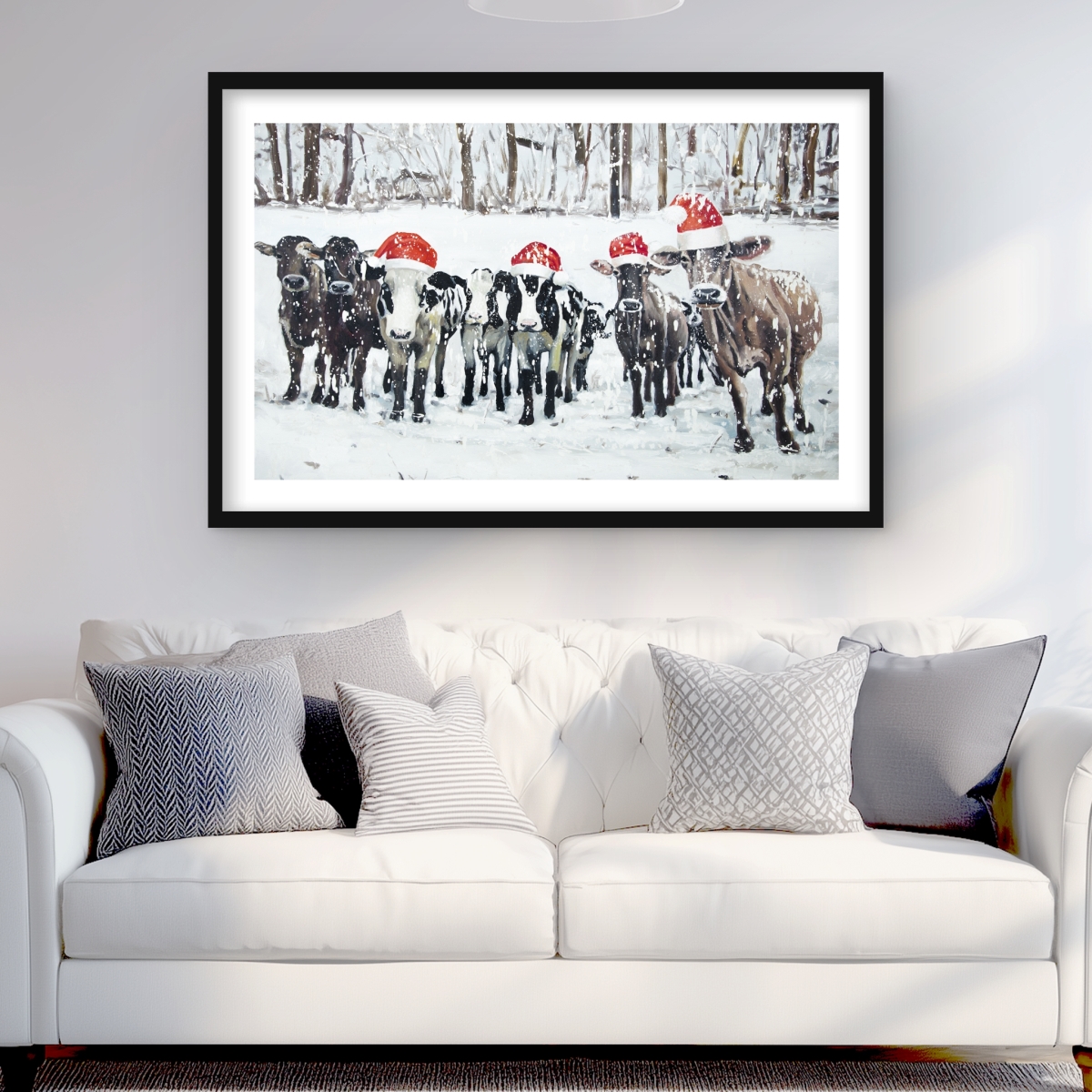 C1FM2436SUFQJX 24 x 36 in. Curious Christmas Cows - Rustic Framed Matted Print Decor