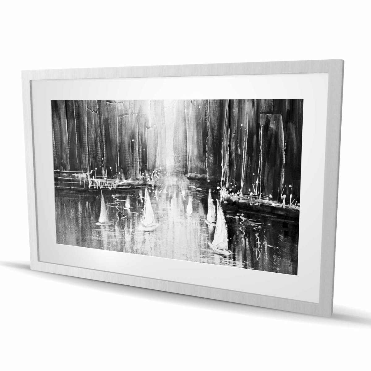 C1FM2436XJWO30 24 x 36 in. Grayscale Boats on the Water - Black Framed Matted Print