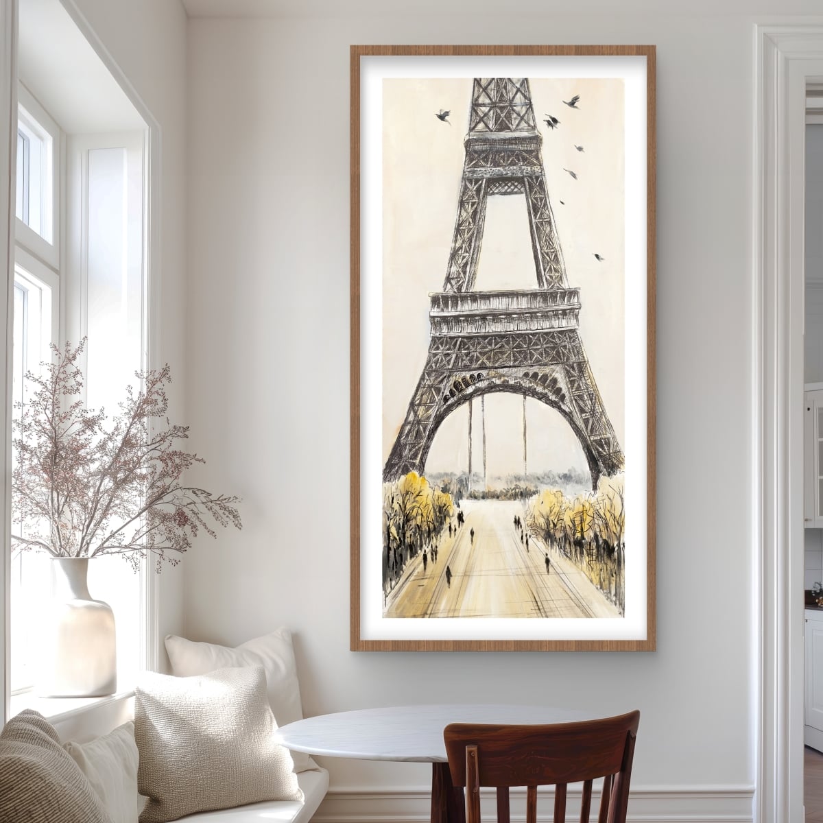 C1FM244818LE8F 24 x 48 in. Eiffel Tower with Flying Birds - Gray Building Matted Print