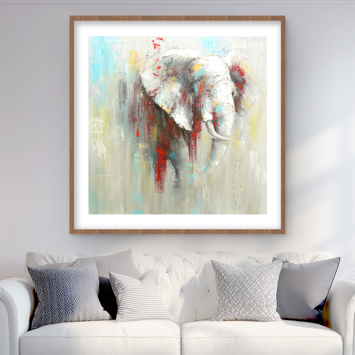C1FM3636TPS84F 36 x 36 in. Abstract Elephant with Paint Splash - Turquoise Framed Print
