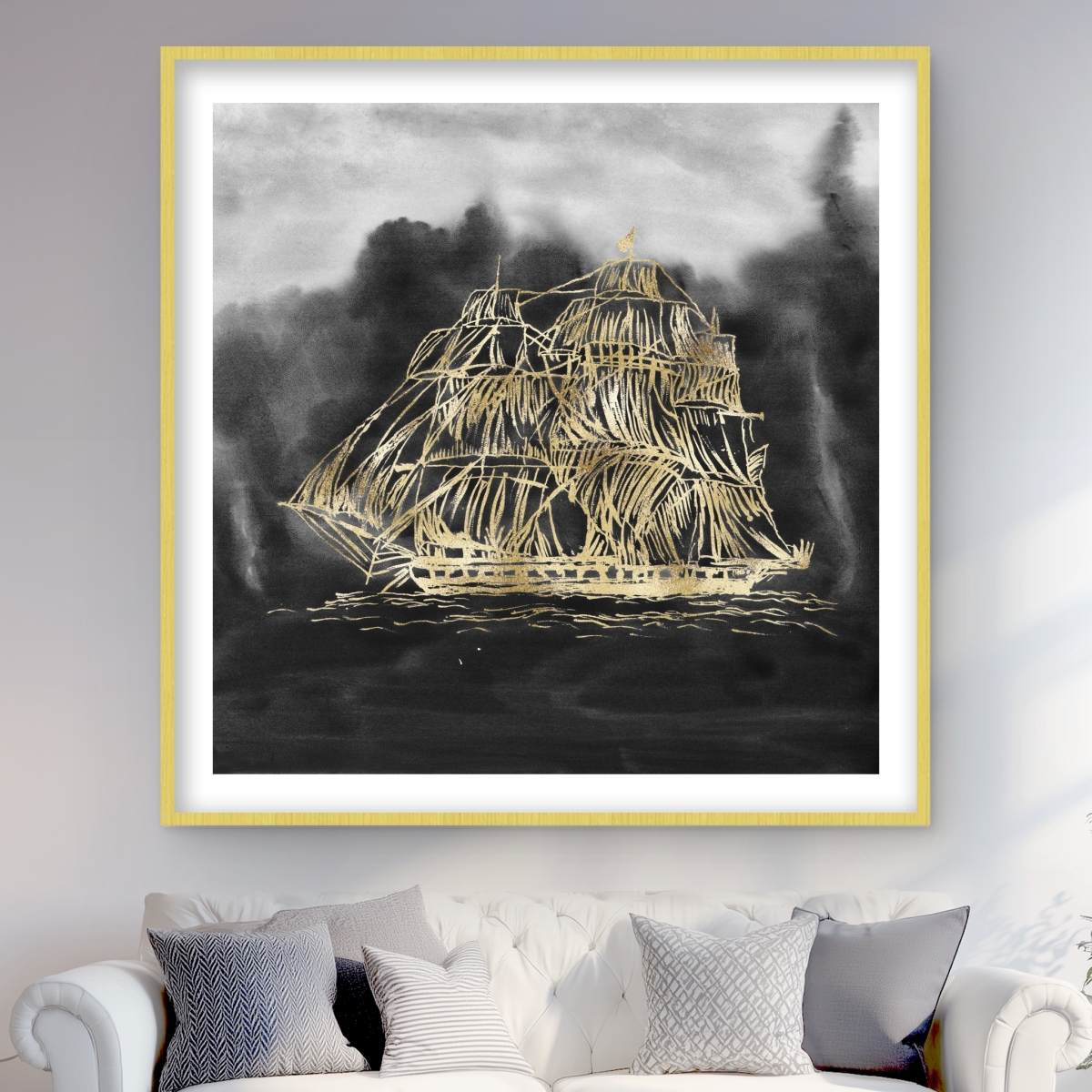 C1FM48482RZ2RT 48 x 48 in. Old Sailing Ship Illustration - Black Framed Matted Print