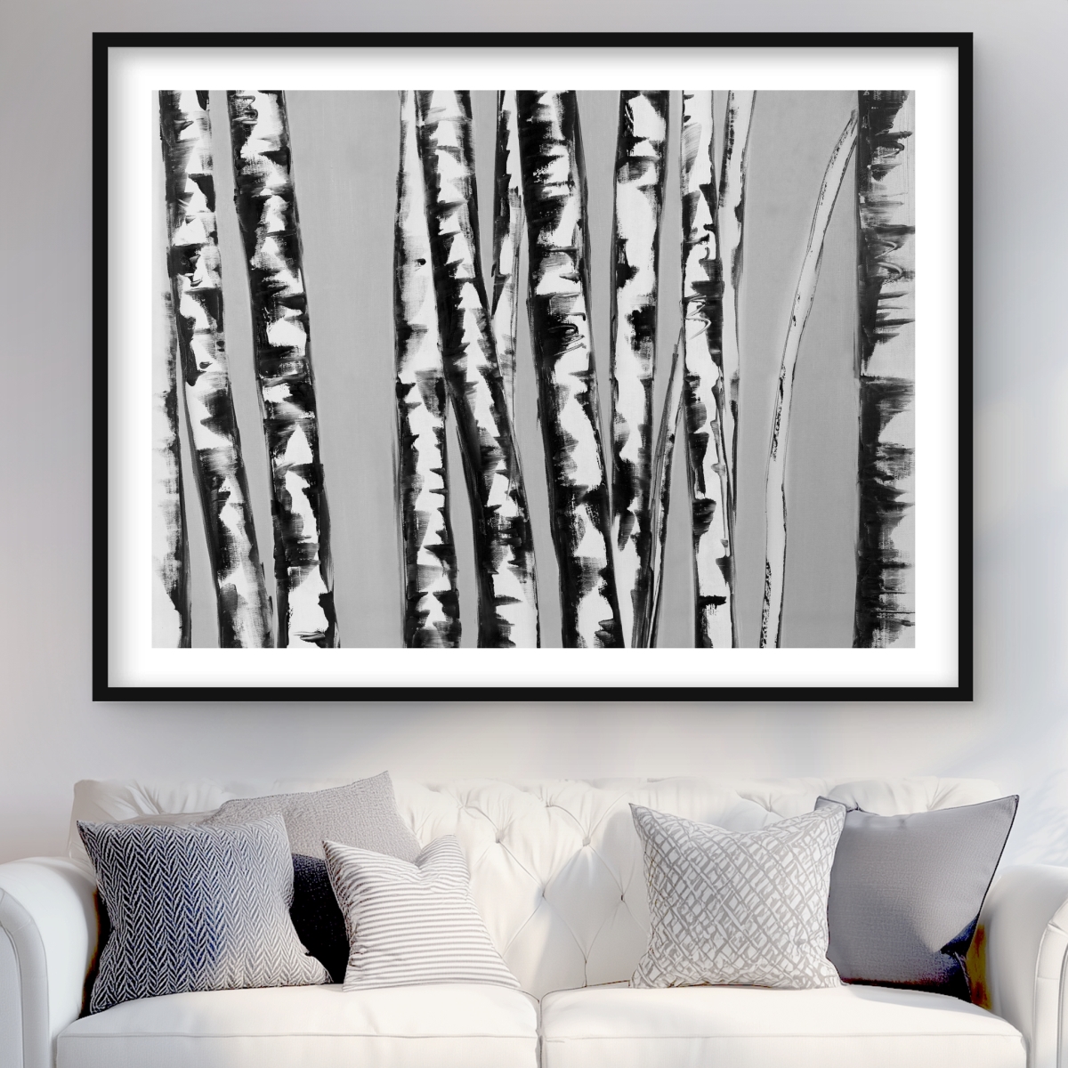 C1FM3648QRK7IQ 36 x 48 in. Birches Intersecting - Black Framed Matted Print for Decor