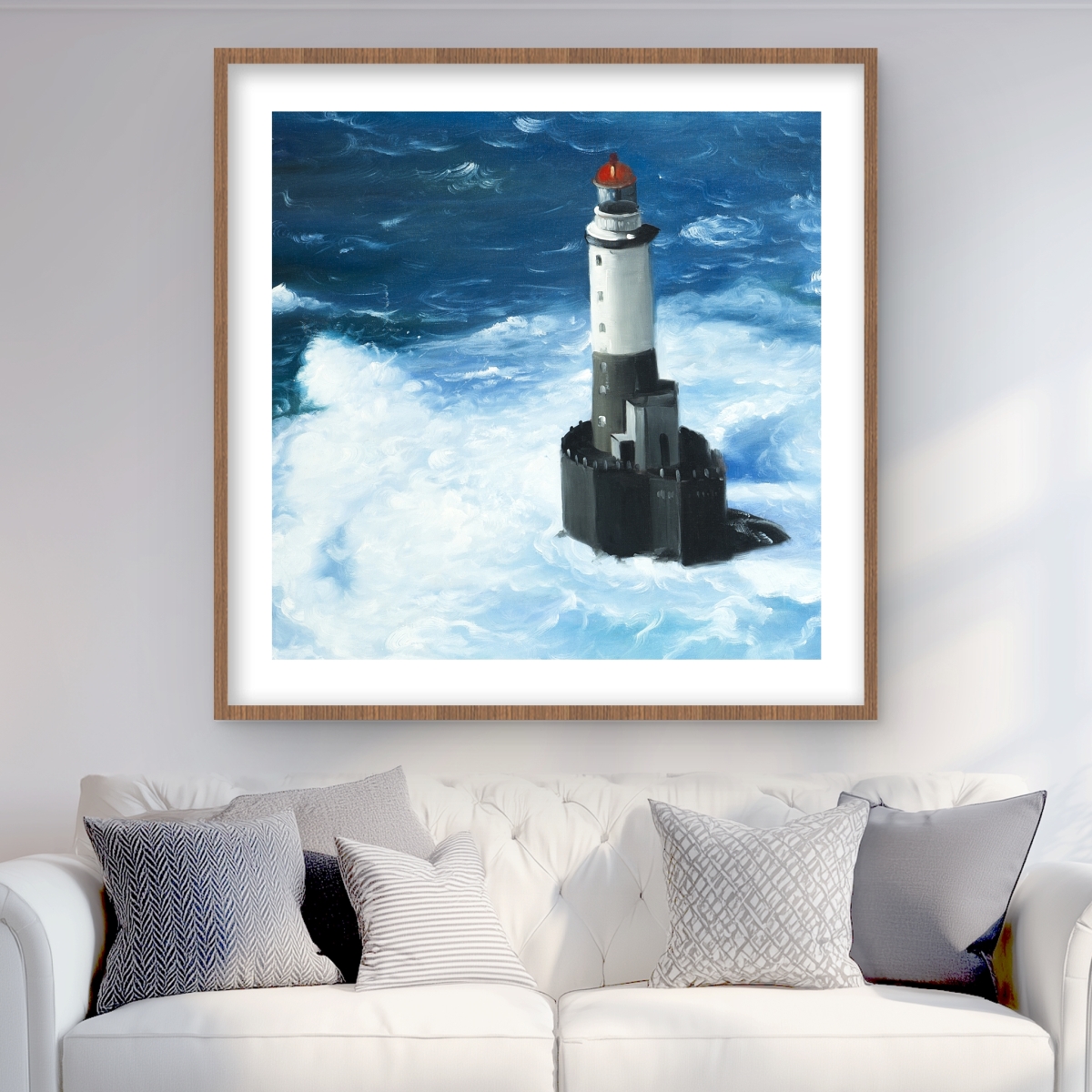 C1FM3636RTSQX1 36 x 36 in. Unleashed Waves on A Lighthouse - Sea White Framed Print