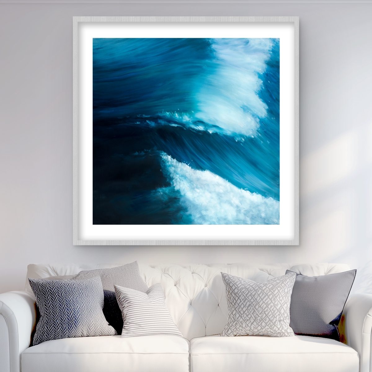 C1FM3636T4V5Y7 36 x 36 in. Unleashed Sea - Waves Blue Framed Matted Print for Decor