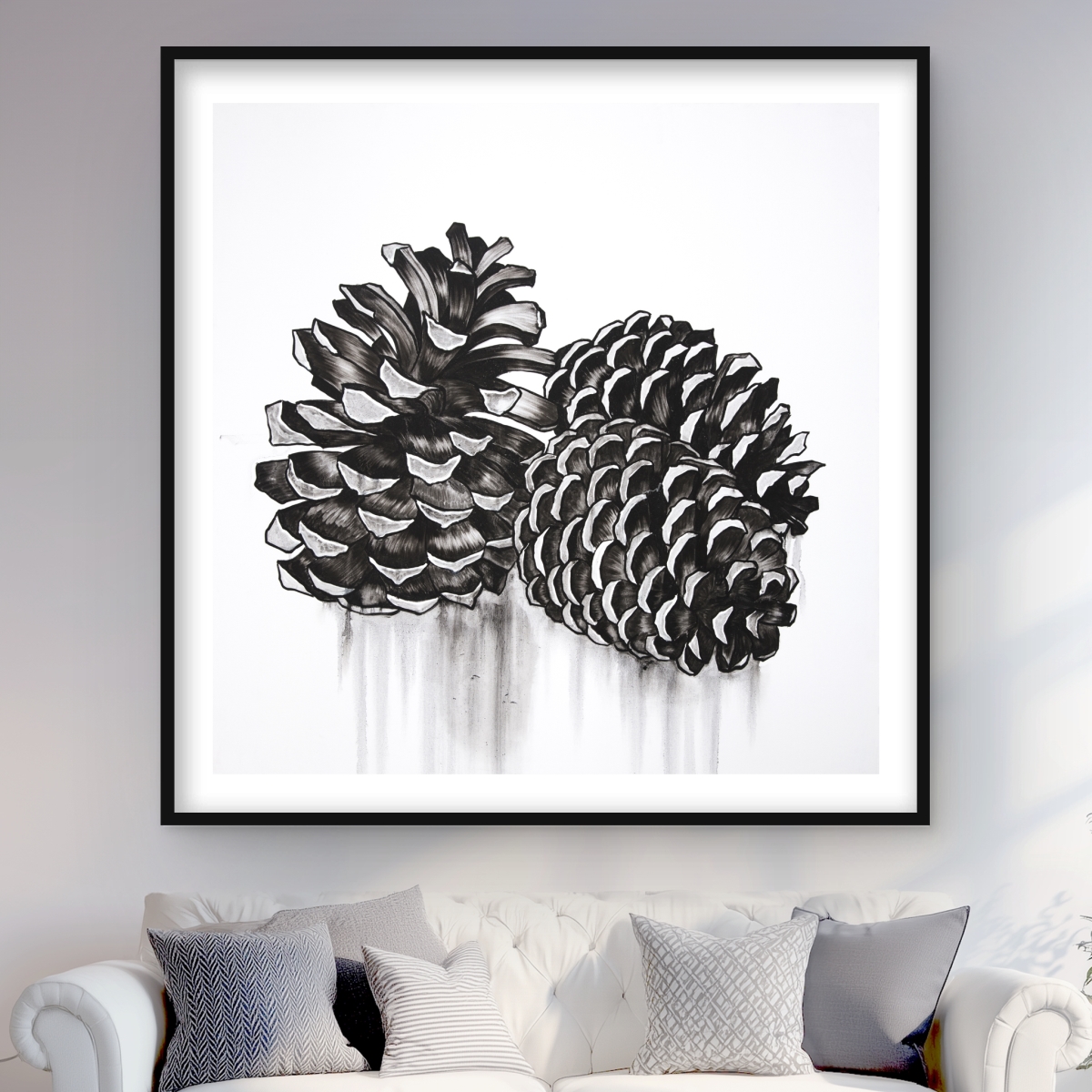 C1FM48481WZFY2 48 x 48 in. Three Small Pine Cones - Rustic Botanical Framed Print