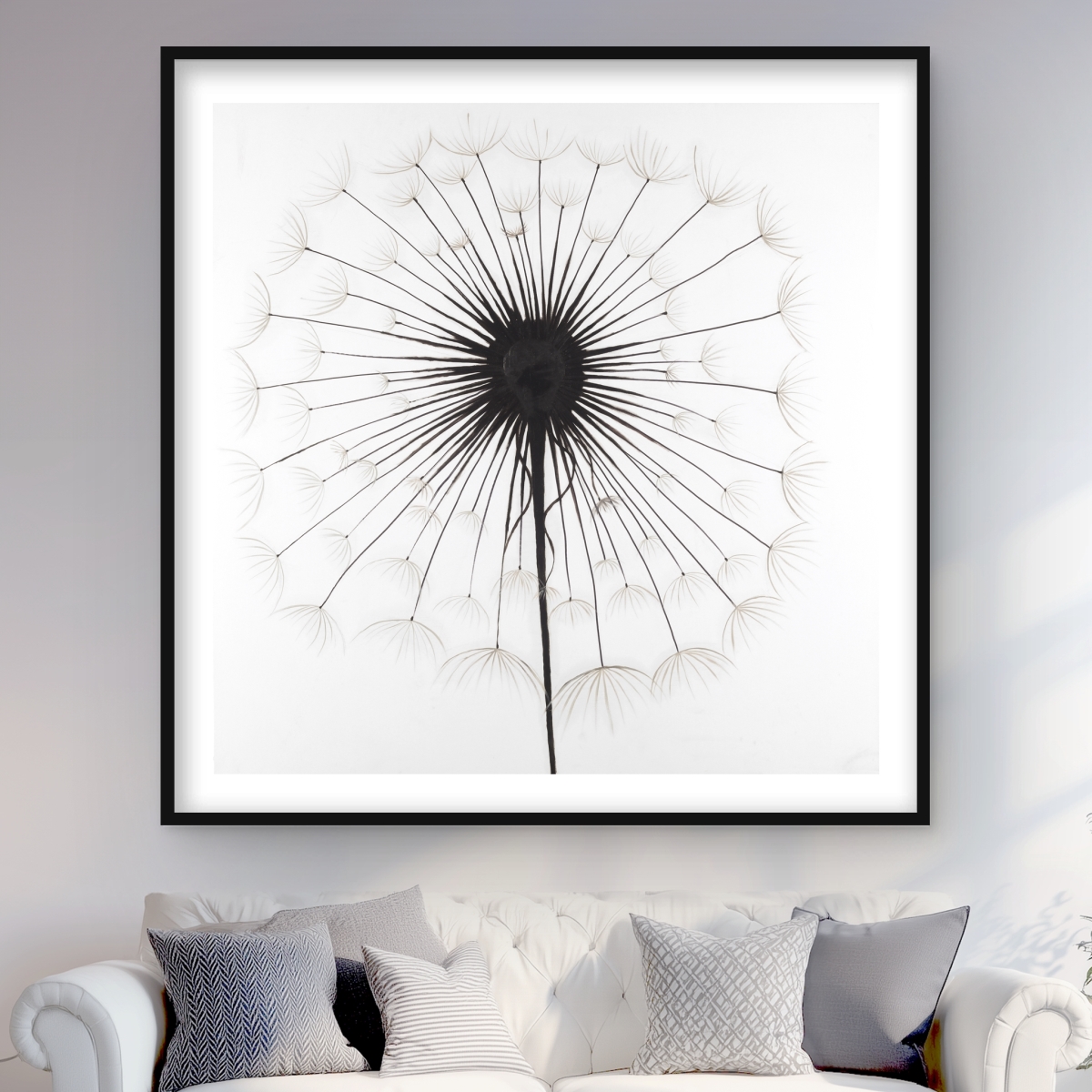 C1FM48482G7H6G 48 x 48 in. Dandelion Floral Black Framed Matted Print for Home Decor
