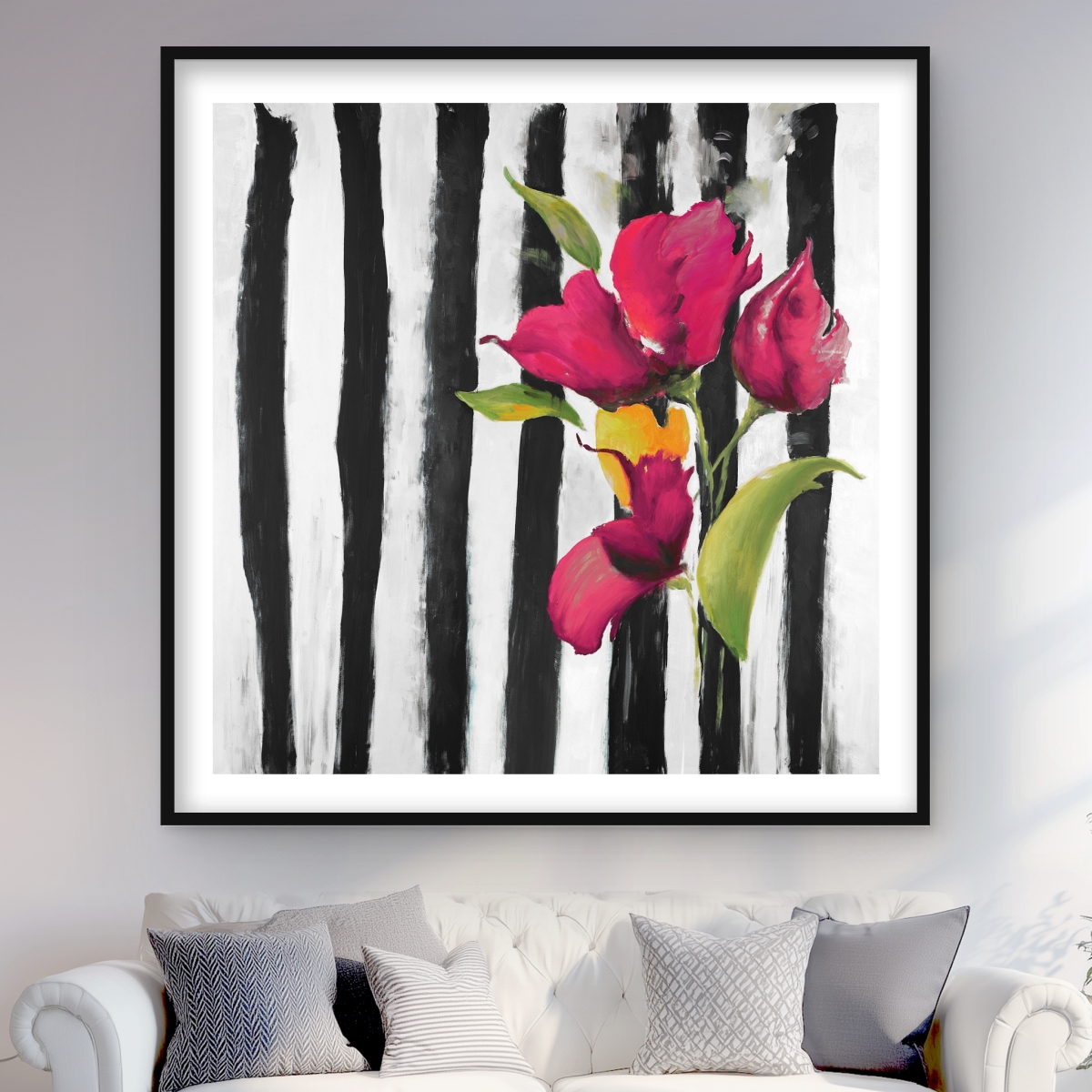 C1FM4848EKPAKO 48 x 48 in. Flowers on Black & White Stripes - Floral Framed Print