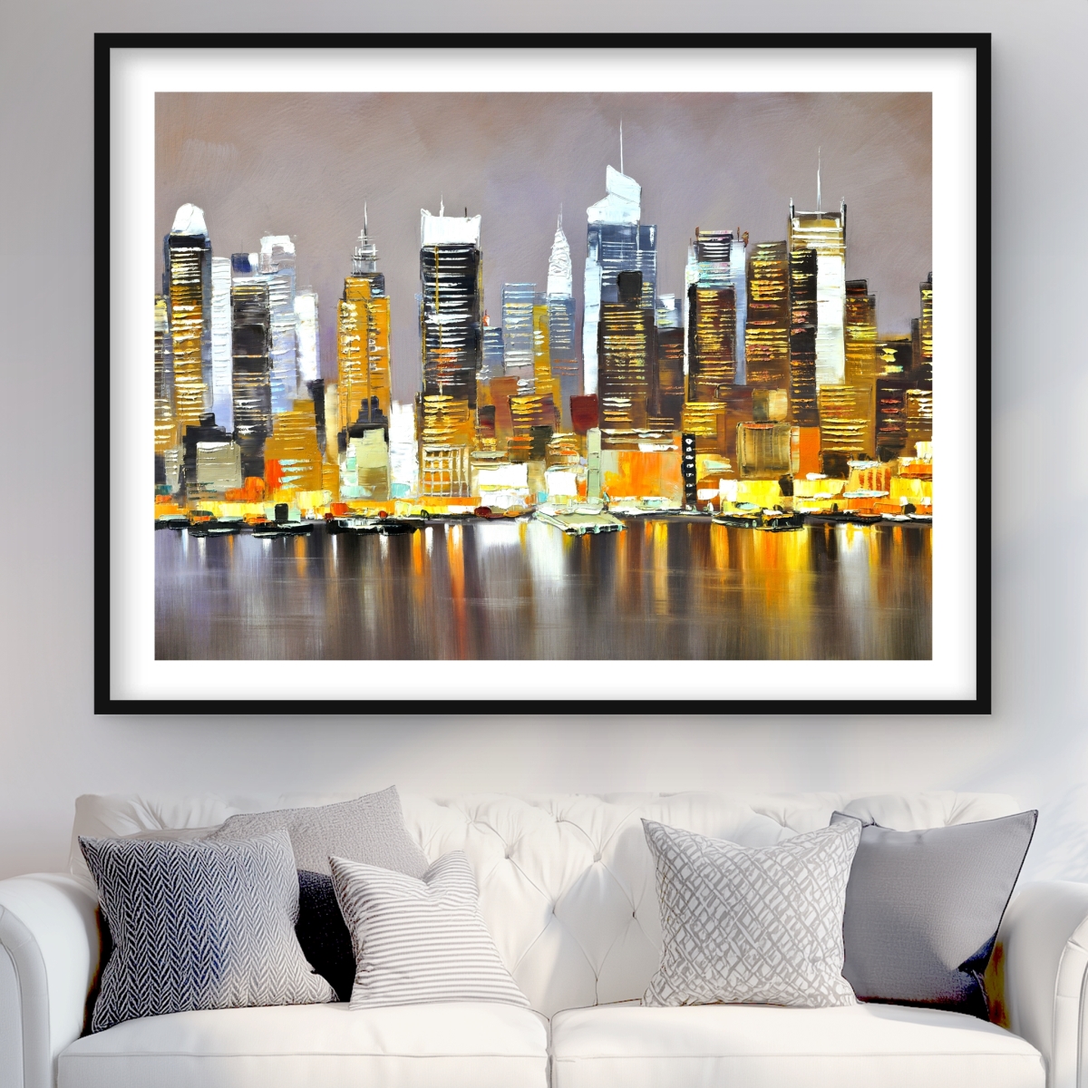 C1FM3648WBFWP1 36 x 48 in. Texturized Skyscrapers by Night - Contemporary Framed Print