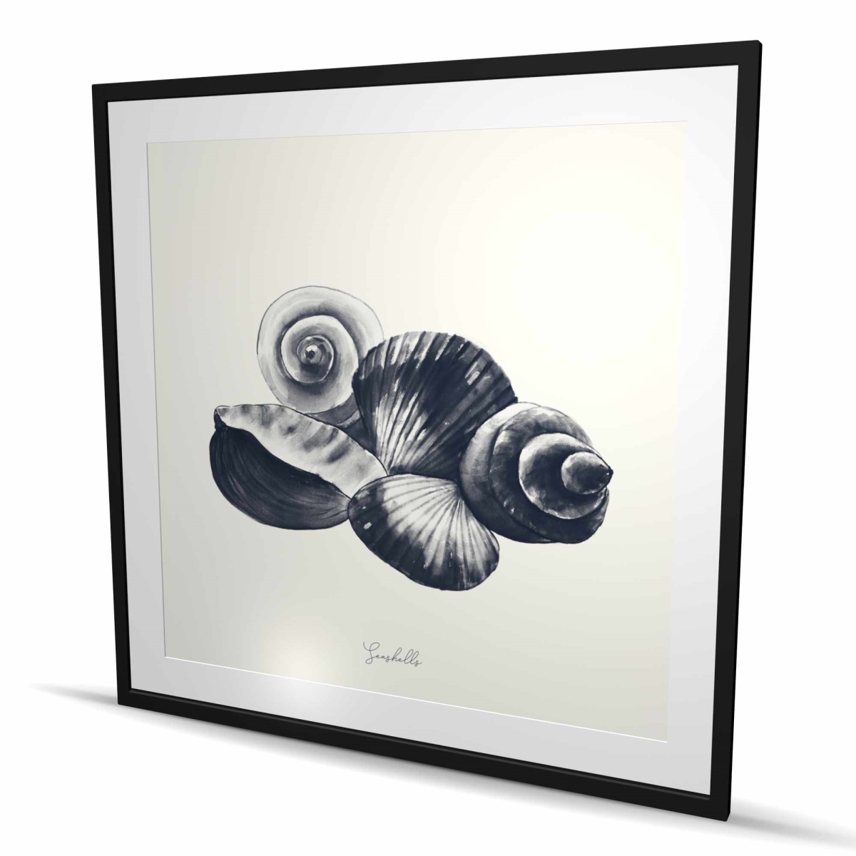 C1FM4848PWJ3GV 48 x 48 in. Blue Seaside Shells - Framed Matted Print for Home Decor