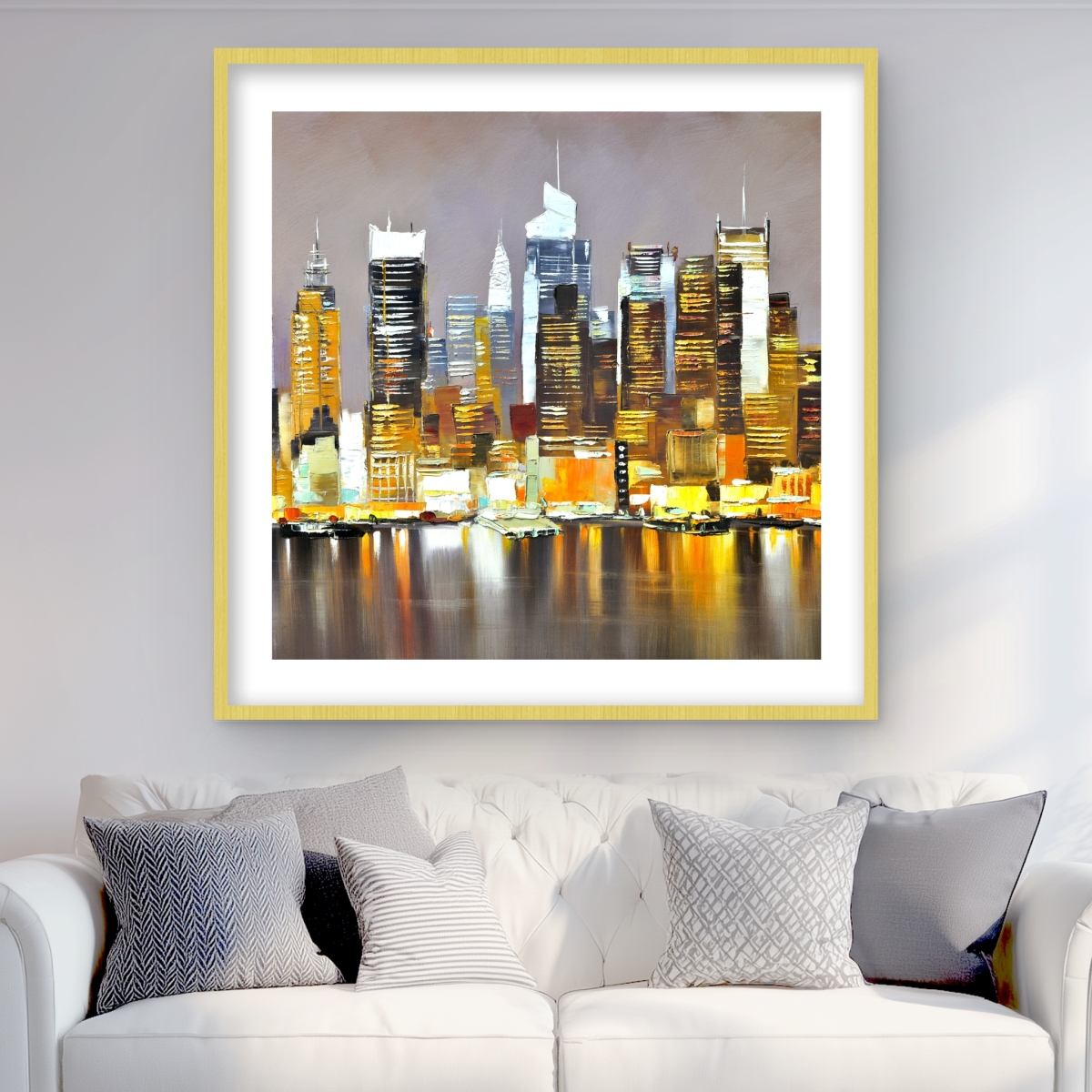 C1FM3636X2I81O 36 x 36 in. Texturized Skyscrapers by Night - Brown Framed Matted Print