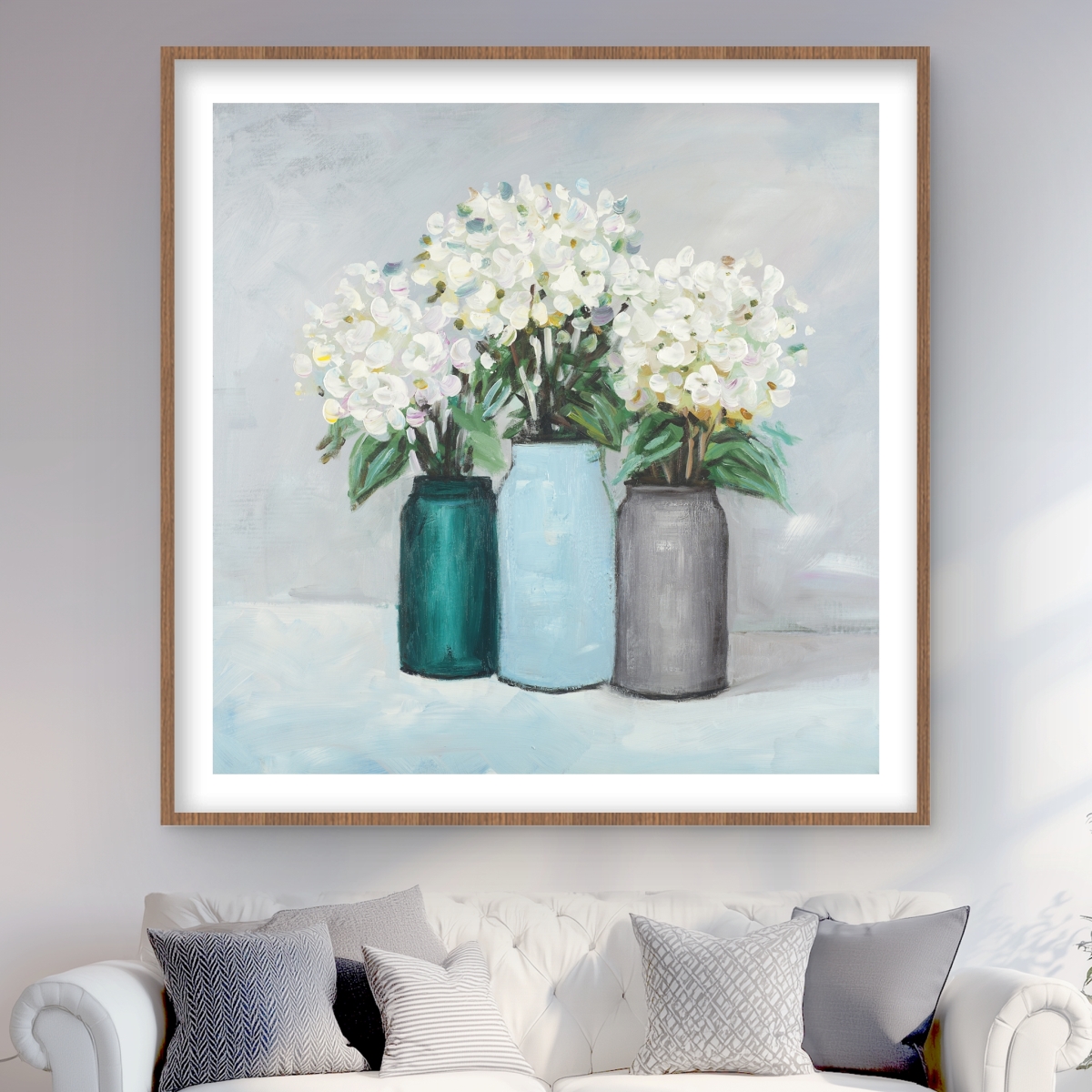 C1FM4848CM5578 48 x 48 in. Hydrangea Flowers in Blue Vases - Framed Matted Print Decor