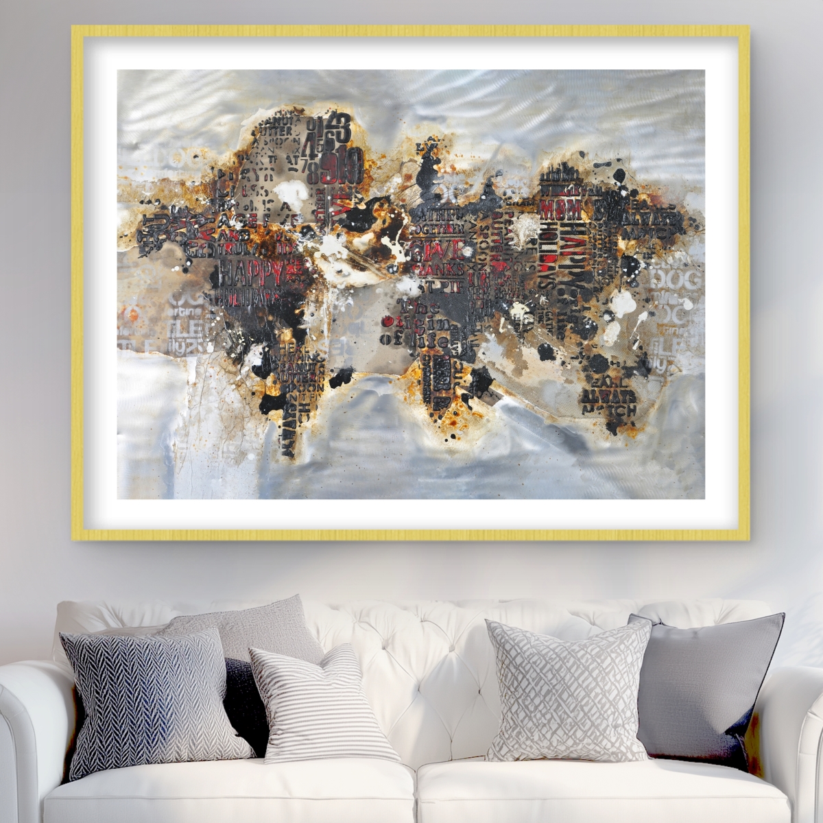 C1FM3648499B30 36 x 48 in. Texturized World Map with Typography - Modern Framed Print