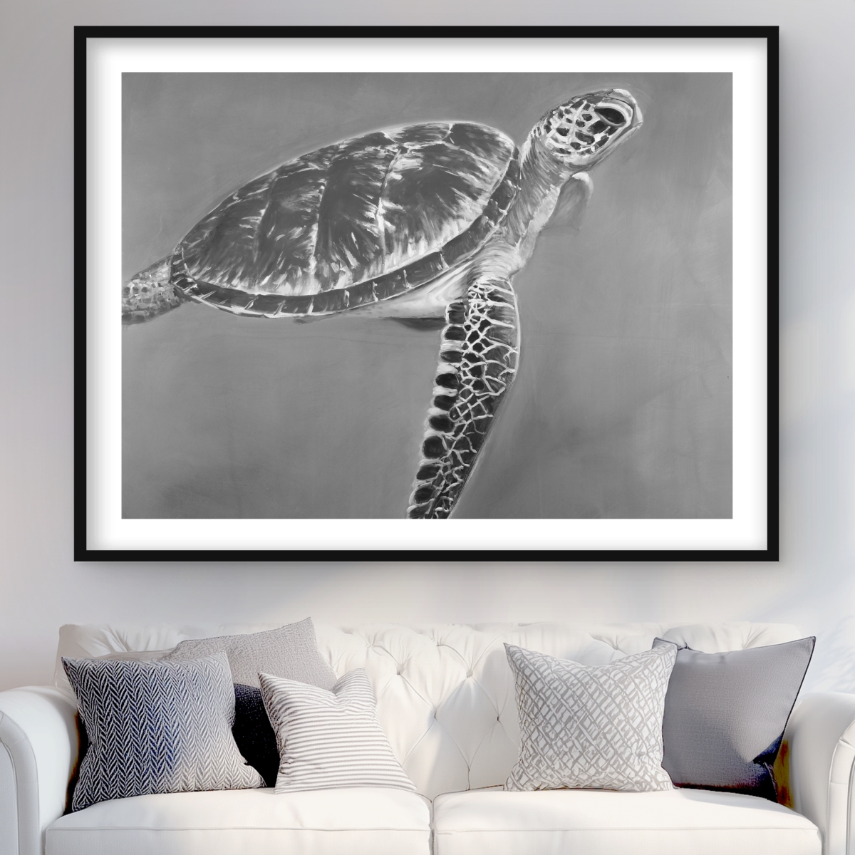 C1FM36487QXECL 36 x 48 in. Grayscale Aquatic Turtle - Framed Matted Print for Decor