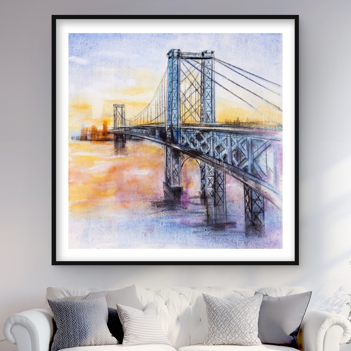 C1FM48483CGLAJ 48 x 48 in. Abstract Brooklyn Bridge - Blue Building Matted Print Decor