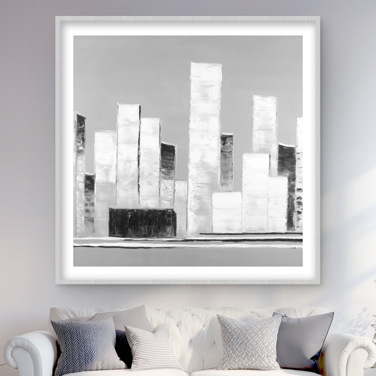 C1FM4848W5E7E0 48 x 48 in. Abstract Black & White Buildings - Framed Matted Print