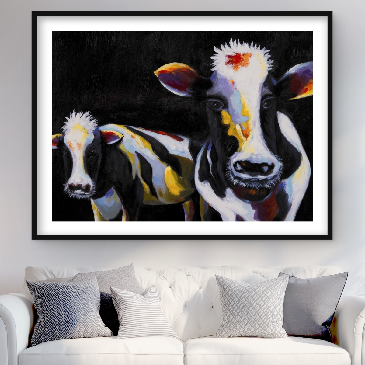 C1FM3648CMSWPN 36 x 48 in. Two Funny Cows - White Framed Matted Print for Home Decor