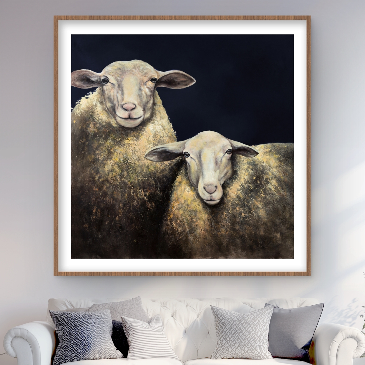 C1FM48480GX7H7 48 x 48 in. Two Sheep Blue Background - Turquoise Framed Matted Print