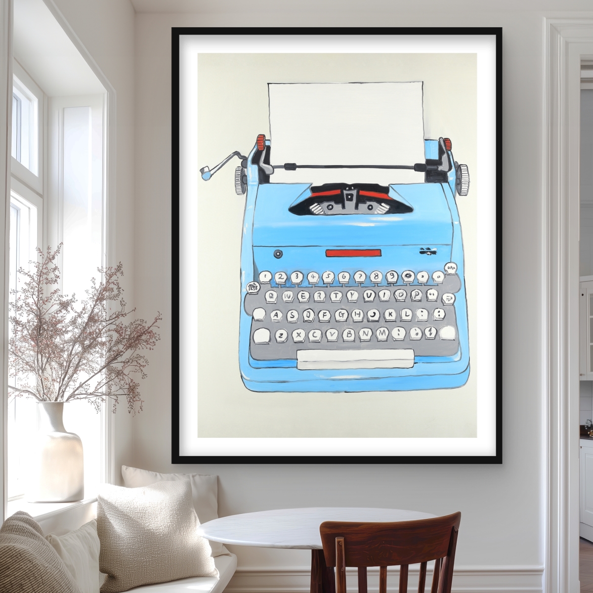 C1FM364884W14Z 36 x 48 in. Blue Typewriter Machine - Framed Matted Print for Home Decor