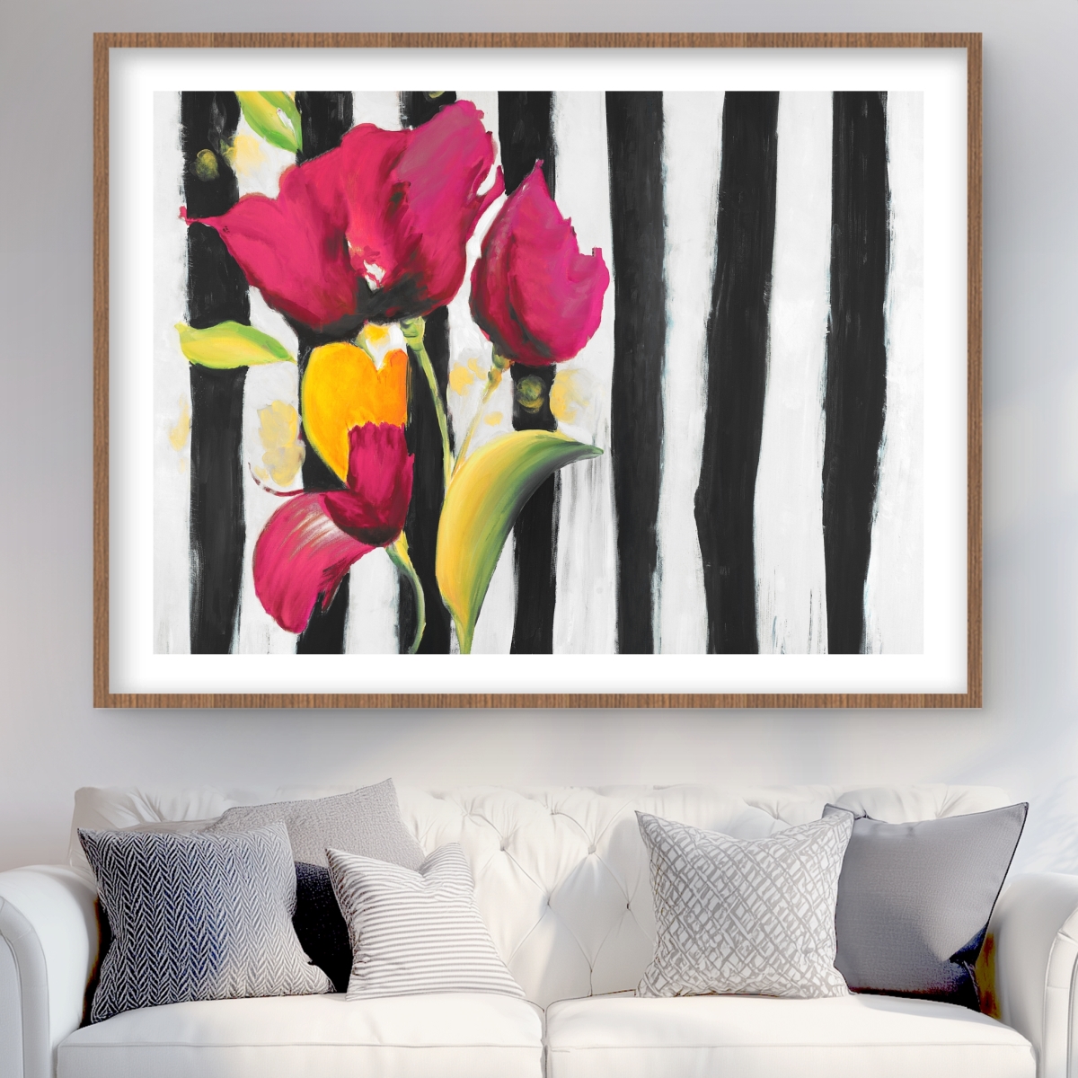 C1FM36488K3WVM 36 x 48 in. Pink Flowers on Black Stripes - Floral Framed Print Decor