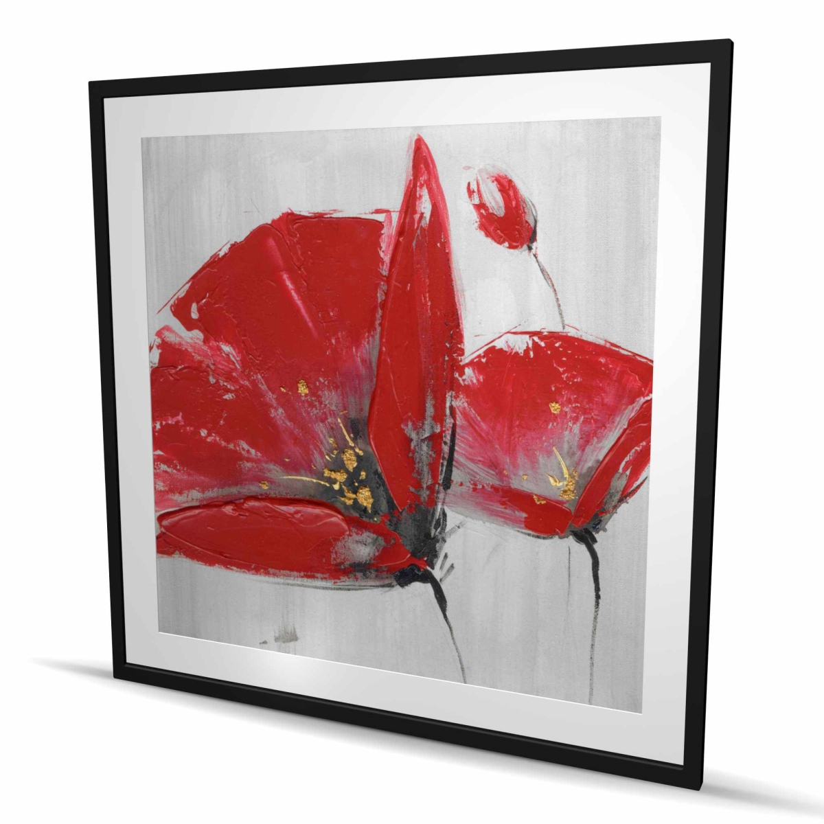 C1FM4848VTBUQW 48 x 48 in. Three Red Flowers on Gray Background - Framed Print Decor
