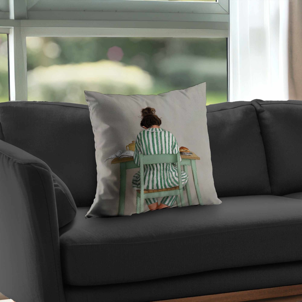 C1PT2020J8SAAK 20 x 20 in. Book At Breakfast Green Figurative Poly Twill Throw Pillow