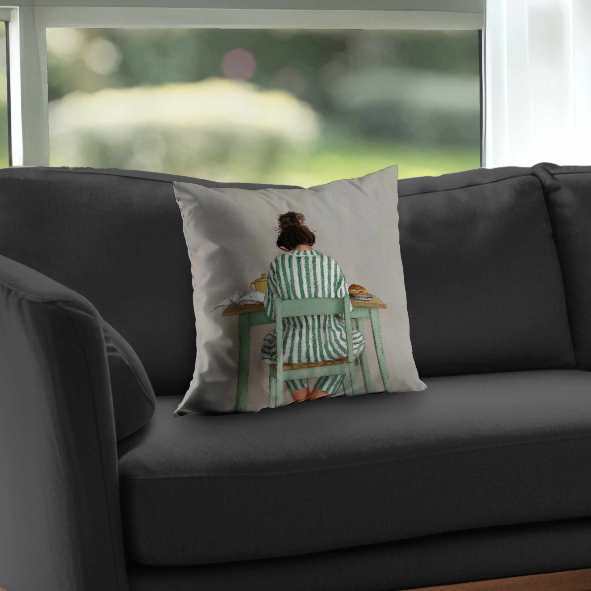 C1PC1616QEGE74 16 x 16 in. Book At Breakfast - Figurative White Poly Twill Throw Decor