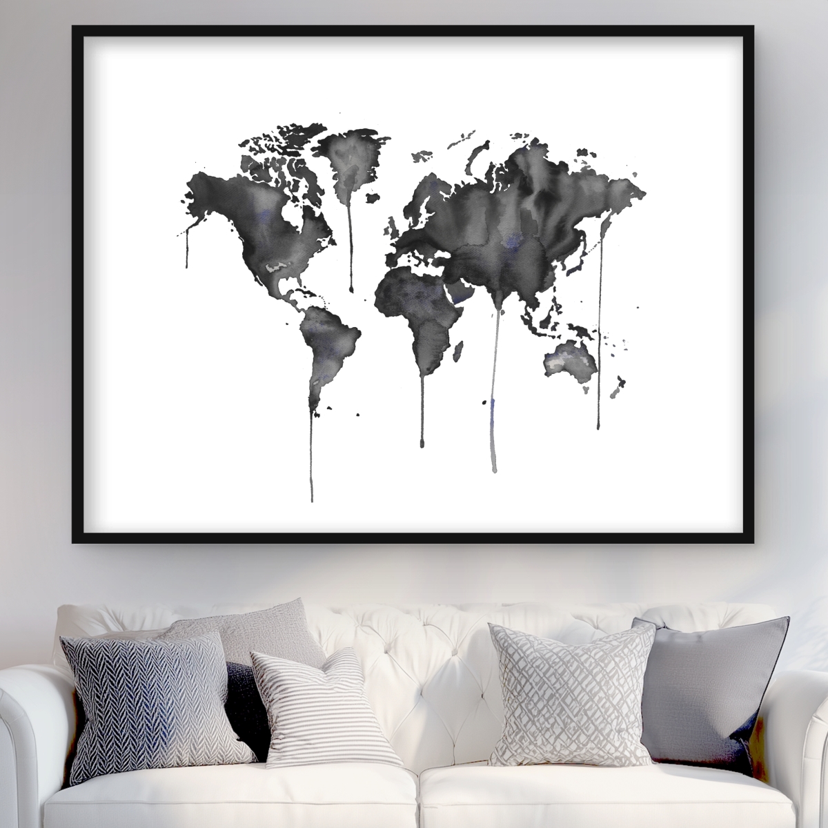 C1FM3648VSFTA2 36 x 48 in. Watercolor World Map - Black Satellite View Framed Print