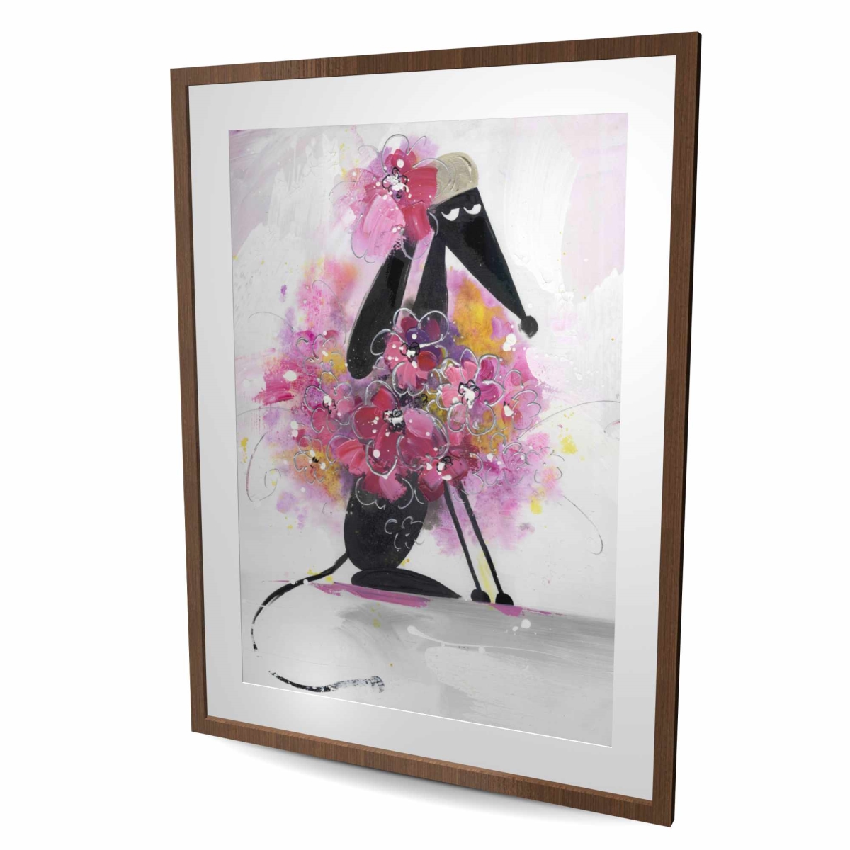 C1FM3648IQ6B4N 36 x 48 in. Cartoon Dog with Pink Flowers - Framed Bedroom Print Decor