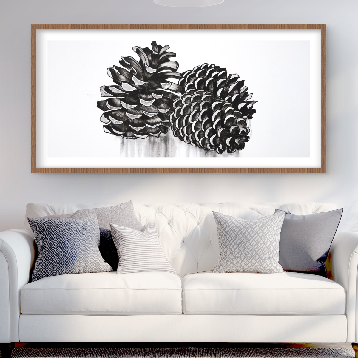 C1FM2448YV9ZVR 24 x 48 in. Three Small Pine Cones - Gray Bathroom Framed Print Decor