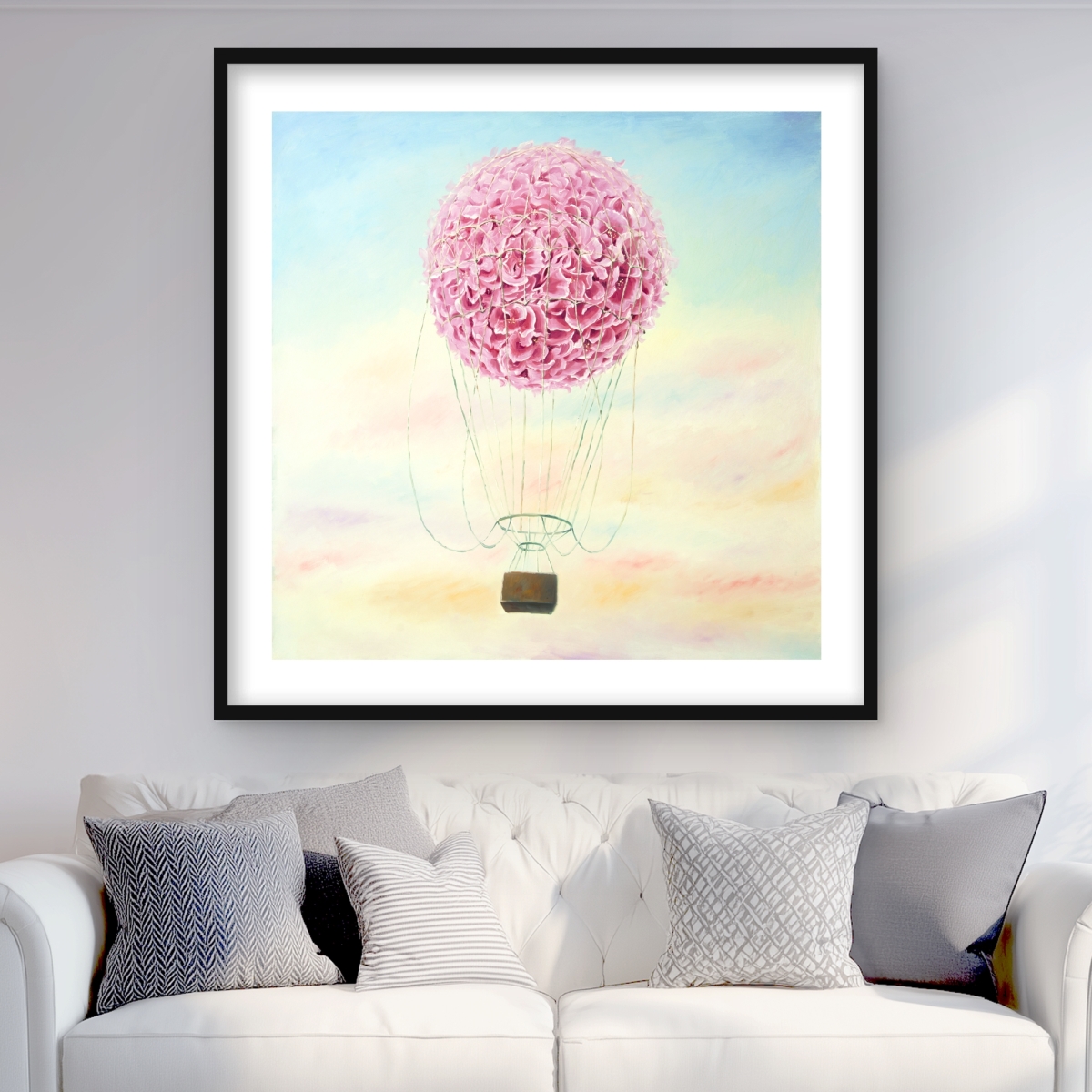 C1FM363658ABRD 36 x 36 in. Hot Air Balloon Hydrangea Flowers - Framed Matte Print Decor