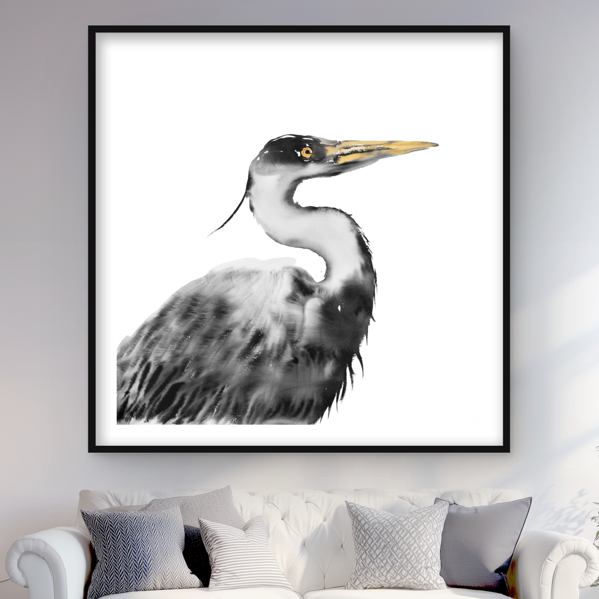 C1FM4848DRTRJI 48 x 48 in. Great Heron Black Bathroom Framed Matted Print - Home Decor
