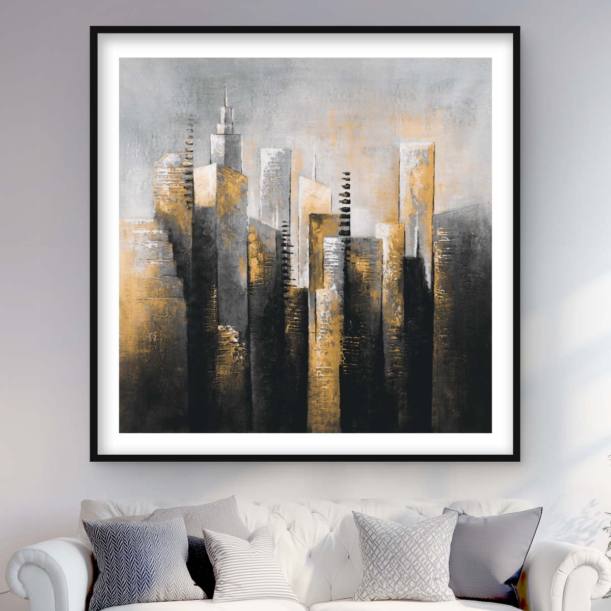C1FM4848DZMRJ8 48 x 48 in. Abstract Gold Skyscraper - Cities Gold Framed Matted Print