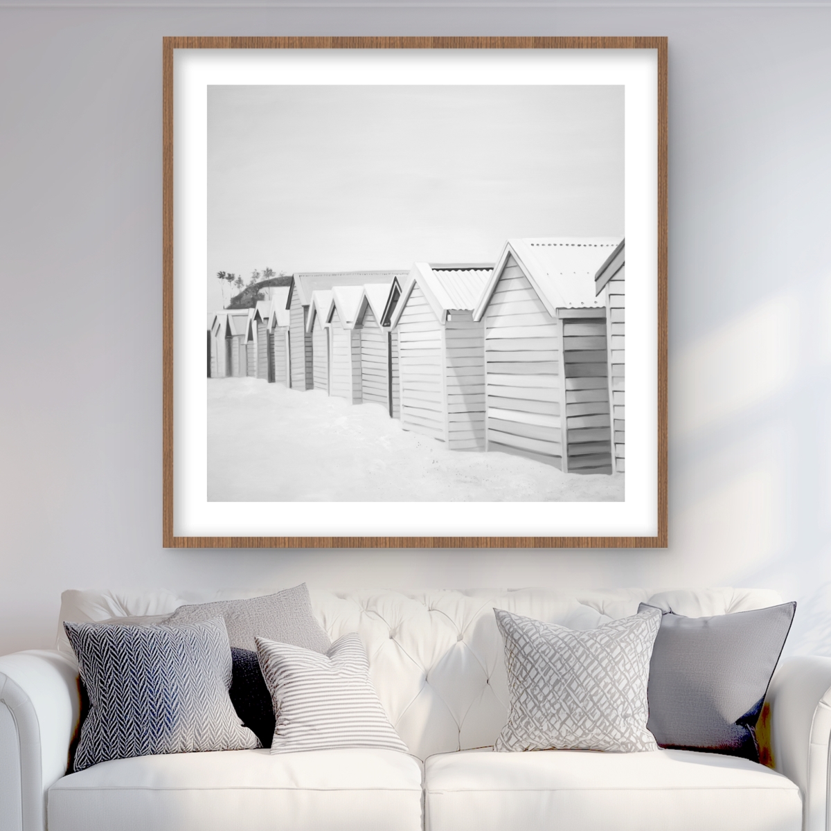 C1FM3636DE66S4 36 x 36 in. Beach Cabins - Monochrome White Framed Matted Print Decor