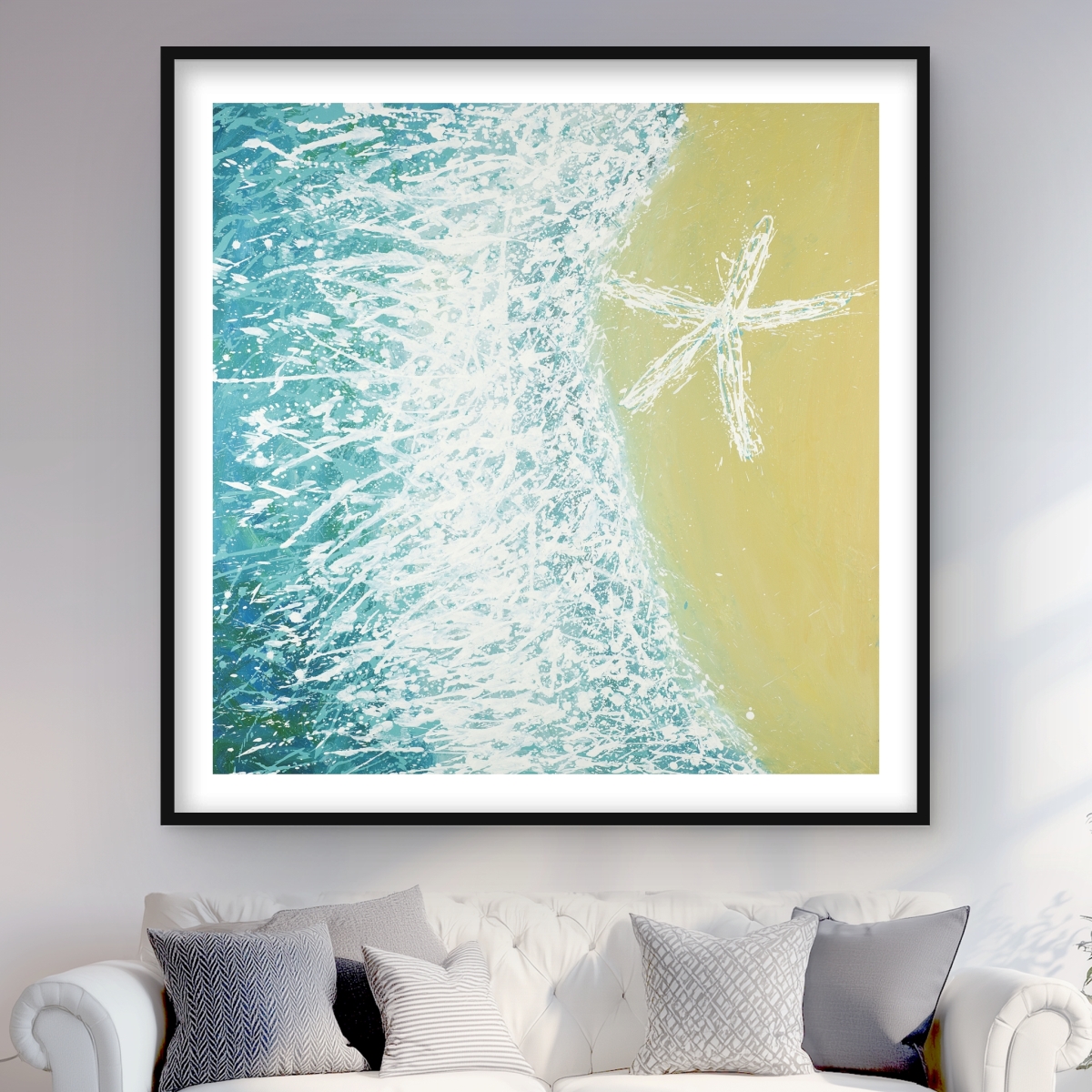 C1FM4848TXTHZ2 48 x 48 in. Right Side Seastar & Wave - Bathroom Aquatic Print Decor