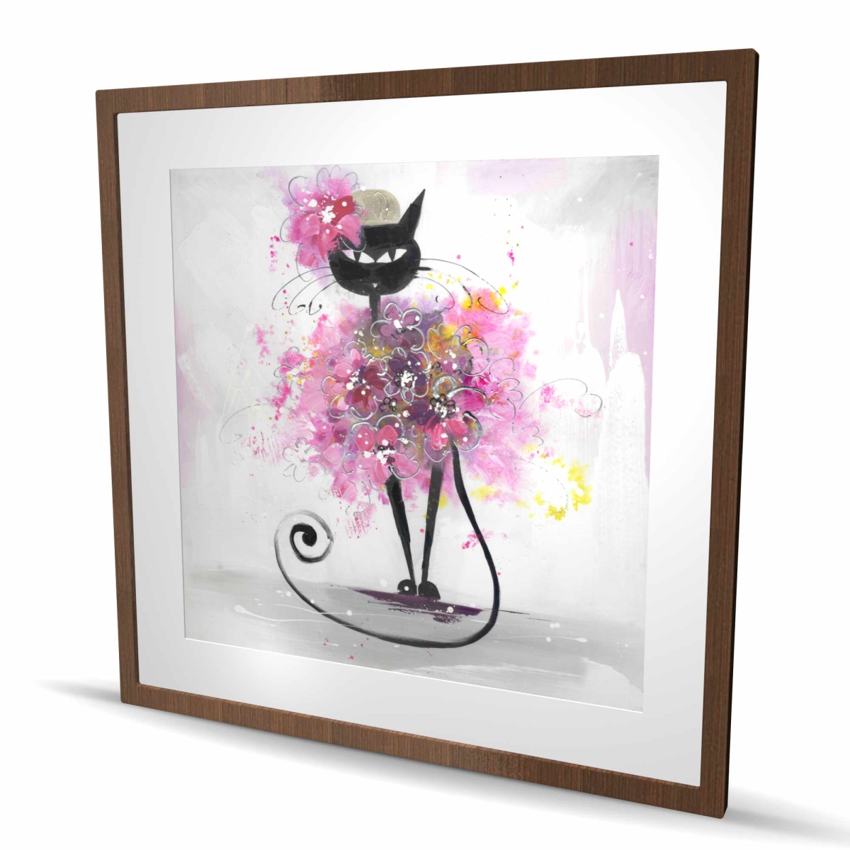 C1FM36363XMGTS 36 x 36 in. Cartoon Cat with Pink Flowers - Framed Print for Kids Decor