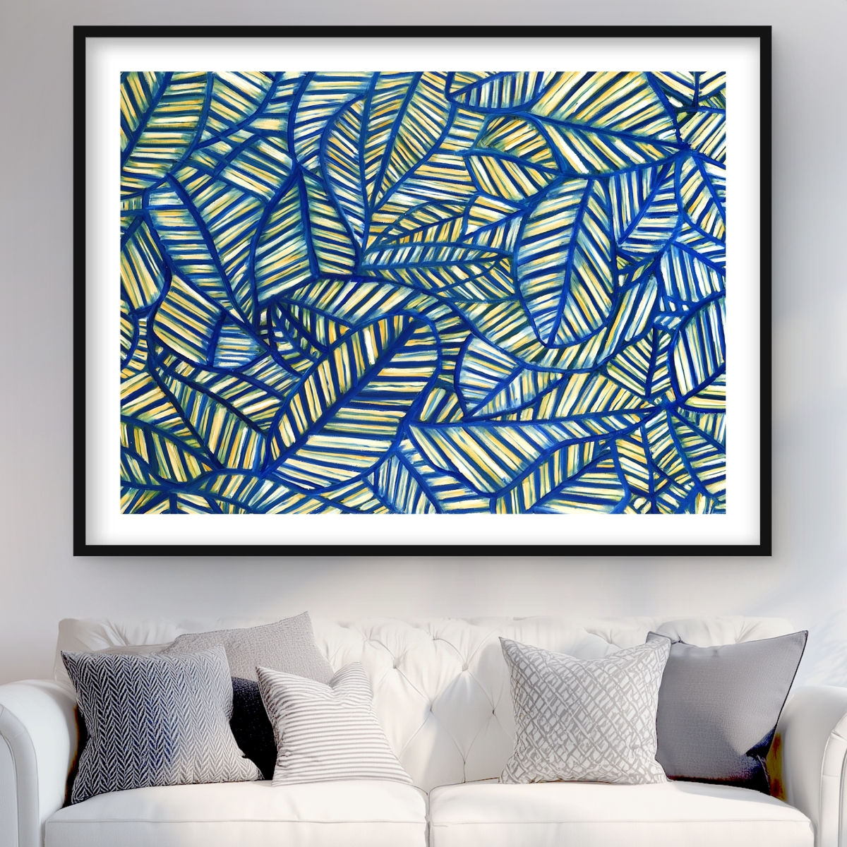 C1FM36489QY05Y 36 x 48 in. Blue Leaf Patterns - Framed Matted Print for Home Decor