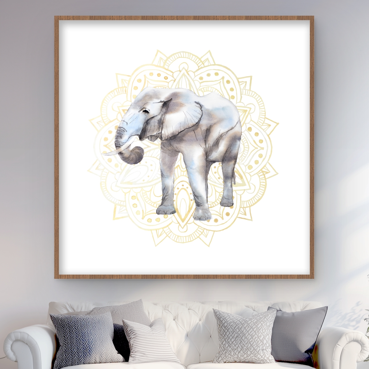 C1FM4848Z1MYUZ 48 x 48 in. Elephant on Mandalas Pattern - Beige Framed Matted Print